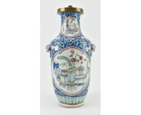 A Republic period brass mounted ceramic enamelled famille rose vase later adapted as lamp vase. The vase is in a baluster for