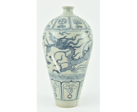A Ming dynasty or later blue and white meiping ceramic vase. The vase decorated with a 3-clawed dragon chasing a flaming pear