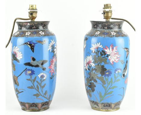 A pair of Japanese Edo/Meiji period cloisonn&eacute; enamelled vases converted in lamps. Each vase decorated with&nbsp;blue e