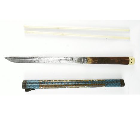 A Republic period chopstick set comprising pair bone chopsticks and wooden bone handle knife in fitted cloisonne enamel case 