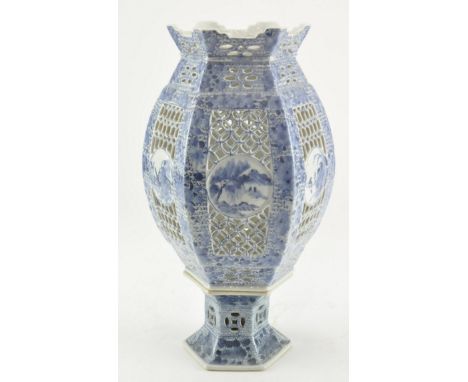 A Republic period blue and white reticulated hexagonal lantern and and stand / marriage lamp. The six-sided shades decorated 