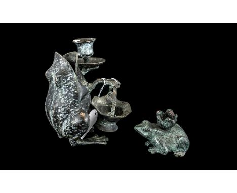 Vintage Bronze Candlestick in the form of a Frog, measures approx 6" tall, together with a small vintage bronze frog with a l
