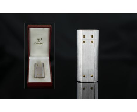 Cartier - Paris Brushed Steel and Gold Cigarette Lighter. Ref No 49582. With Original Cartier Box. Excellent Condition In All
