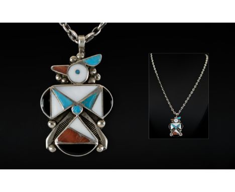 A Vintage - Nice Quality Silver and Enamel Set Pendant, Attached to a Sterling Silver Chain, Depicts a Stylised Bird Figure S