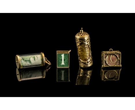 Excellent Collection of 9ct Gold Vintage Charms with Various Banknotes Within, All Four Charms with Full Hallmark for 9.375. 