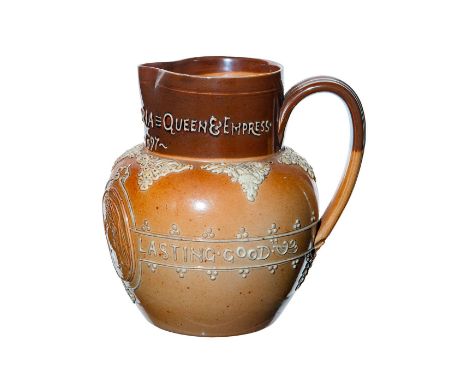 Commemorative jug ; depicts 2 portrait medallions in relief. Two toned salt glazed stoneware.Encircling band reads, She wroug