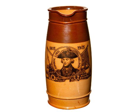 Doulton commemorative celebrating the victory of the Battle of Trafalgar. An ochre band lines the rim of the pitcher. Lord Ne