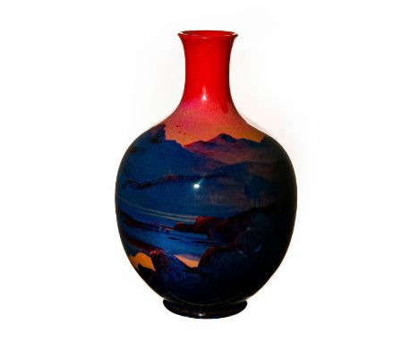 High fired glaze; red and blue ground. Serene scene with seascape and landscape depiction.Landscape filled with tress, hilly 