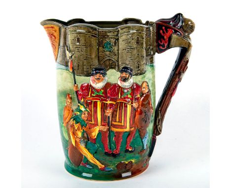 Limited edition jug 420 of 500. Features guard scenes in relief. Signed Noke and H. Fenton.Jug portrays lord and lady attende