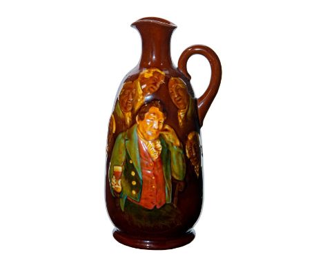 Dark brown glaze with multi figure portrait at a bar scene done in relief. Memories incised on reverse.Royal Doulton backstam