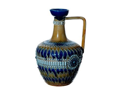 Salt glazed cobalt blue and olive coloration; circular foliate and beaded bands; carved scale-like design.Doulton impressed b