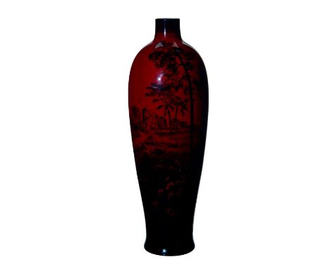 Deep, rich red glaze. Encircling scene of an estate with a sunflower field.Royal Doulton Flambe mark on the underside. Light 