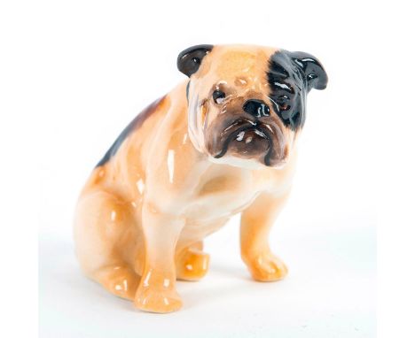 Vintage K series, seated bulldog; tan with brown and black patches.Royal Doulton backstamp. Issued: 1931-1977Dimensions: 2.5"