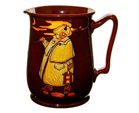 Rare Water whiskey pitcher in rich Kingsware glaze with Night Watchman, dressed in olive green and holding a lantern in relie