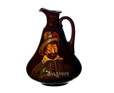 Dark brown glaze flask with portrait relief of front and Dewar's Scoth Whiskey on back.Royal Doulton backstamp. Age related c