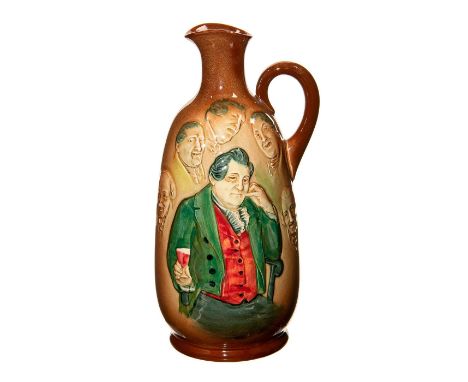 Beautiful,tall, pear shaped whiskey flask with one gentleman (full body) in center and five (only head) portraits. Memories i