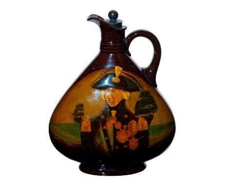 Dark brown glaze Dewar's flask with full scene backdrop on face and Nelson's portrait in relief.Royal Doulton backstamp. Issu