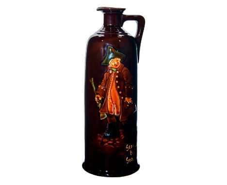 Dark brown glaze with full body figure portrait in relief. Title inscribed on front.Royal Doulton backstamp. Dewar's Whisky i
