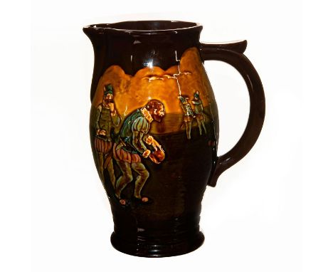 Gentlemen enjoy lawn bowling on this vibrant Royal Doulton embossed airbrushed pitcher with a dark brown rim, base and handle