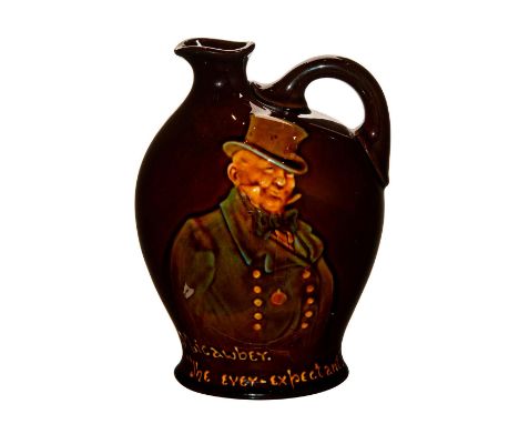 Doulton whiskey jug in Kingsware glaze. The face of the just shows the character Micawber the Ever-Expectant with hand painte