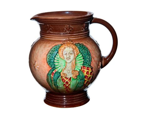 Light brown glaze with Queen's portrait designed in relief, full bright shades of red and green.Royal Doulton backstamp. Age 