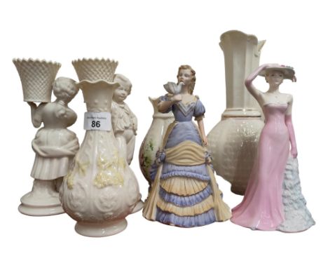 SHELF LOT OF FIGURES TO INCLUDE COALPORT FIGURES AND BELLEEK 