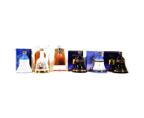 Five Bells royal commemorative whisky decanters - 2x Prince of Wales 50th Birthday, The Queen Mother's 90th and 100th birthda