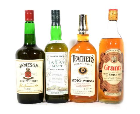 Four 1980s/1990s bottlings of assorted whisky:Sainsbury's Pure Islay malt, 10 year old, 70cl, 40%Grant's Finest Scotch whisky