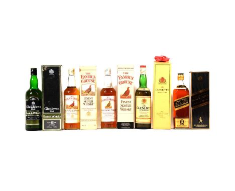 Five bottles of assorted 1980s Scotch whisky bottlings:Glenlivet, 12 year old, single Highland malt, 75cl, 40%, in cartonJohn