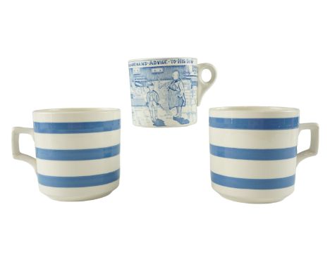 A large Crown Devon mug "A Yorkshireman's Advice To His Son" together with two Cornish-ware mugs, former 11 x 10 cm