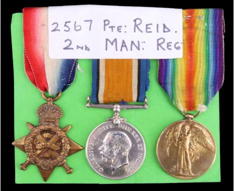 A 1914 Star, British War and Victory medals to  2567 Pte K Reid, 2nd Manchester Regiment