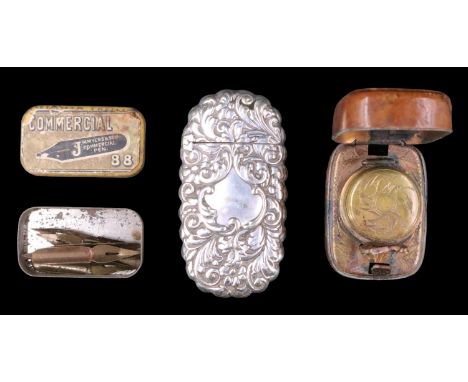 A vintage electroplated embossed pocket vesta, a hide pocket inkwell and an 'M Myers &amp; Son' tin with pen nibs, vesta 4 x 