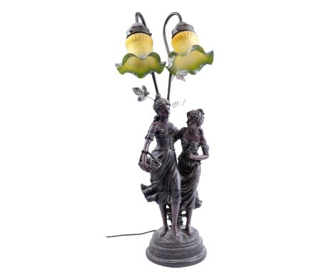 A late 20th Century bronzed-resin figural twin-light table lamp, 66 cm high overall