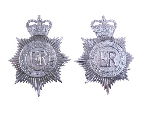 Two custodian helmet plates, 'Sheffield and Rotherham Constabulary' and 'Rotherham Borough Police'