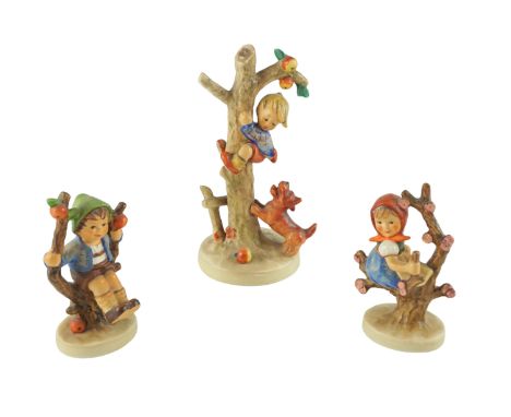 Three late 20th Century Hummel figures, including Out of Danger, Apple Tree Boy and Apple Tree Girl, tallest 17 cm