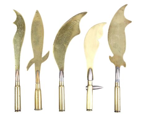 Five Great War trench art letter openers, including three engraved 'Arras', longest 20.5 cm