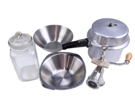 A group of kitchenalia, comprising a Prestige pressure cooker (sold strictly for display, NOT SUITABLE FOR USE), a Porkert me