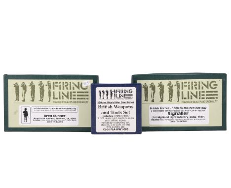Three boxed Firing Line military diecast figure sets, including Signaller, Bren Gun, British Weapons and Tools Set
