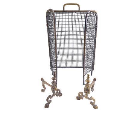 A George V folding brass fire guard and a pair of modern cast brass fireside-tool stands. screen 40 x 61 cm closed