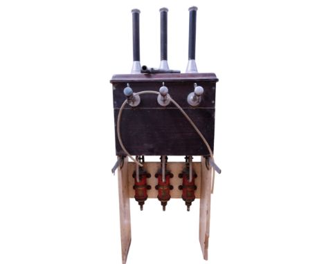 A vintage three engine beer pump, having nickel plated handles on a mahogany base in a painted pine frame, together with a br