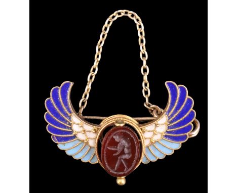 A late 19th Century Italian carnelian and enamel scarab brooch in the Egyptian Revival fashion attributed to Cesare Roccheggi