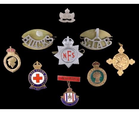 A group of Home Front and other badges and insignia including a Women's Land Army cap badge, a Volunteer Training Corps lapel
