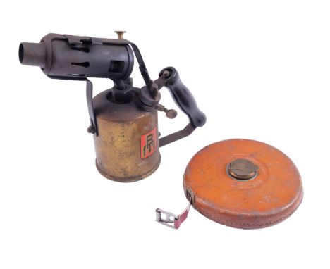 A vintage plumber's paraffin blow lamp and a leather cased architect's measure by Rabone-Chesterman