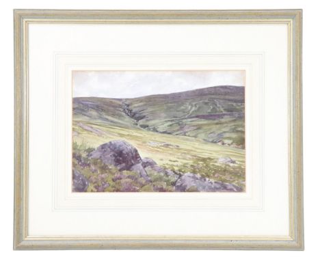 Robert Forrester (Cumbrian, 1913-1988) "Bewcastle Fells, near Flatt Farm", an atmospheric view past a boulder outcrop towards