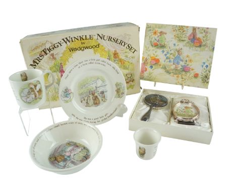 A Wedgwood Mrs Tiggy-Winkle nursery set together with a brush and comb set