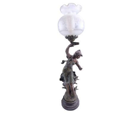 After Louis Moreau, a Belle Epoque spelter figural table lamp 'Charmeurs', 56 cm to socket 