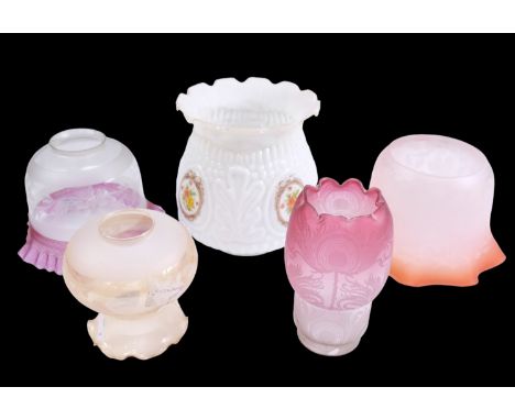 Five late 19th / early 20th Century oil lamp shades, including trailed cut and frosted with a crinoline edge, achromatising, 