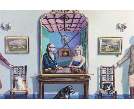 John Michael Charlesworth (contemporary) A surrealist posed portrait of a husband and wife with pets in a formal interior, st