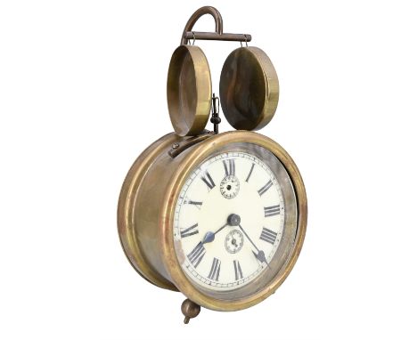 A Victorian brass alarm clock, 26.5 cm, (a/f)