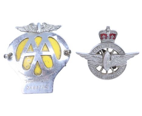 A Civil Service Motoring Association chrome plated and enamel bumper badge, verso stamped 'Collins, London', and an AA badge,